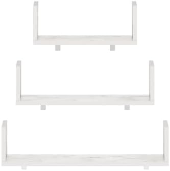 Furinno Rossi Bedroom Decor Wall Mounted Floating Display Shelves with Invisible Brackets, Set of 3, Marble White | 11.7", 15.7", 18.9" Width, U-Shape Rectangular Wall Shelf Set, Wall Mounted Shelves, for Bathroom, Home Office, Living Room