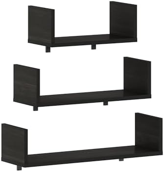 Furinno Rossi Bedroom Decor Wall Mounted Floating Display Shelves with Invisible Brackets, Set of 3, Espresso | 11.7", 15.7", 18.9" Width, U-Shape Rectangular Wall Shelf Set, Wall Mounted Shelves, for Bathroom, Home Office, Living Room