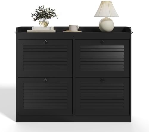 GarveeHome Large Shoe Cabinet with 4 Flip Drawers, Wooden Shoe Cabinet Storage with Adjustable Shelf for Entryway, Freestanding Hidden Shoe Organizer for Hallway, Bedroom, Living Room, Black