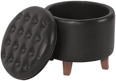 HomePop 19" Faux Leather Button Tufted Round Storage Ottoman - Black