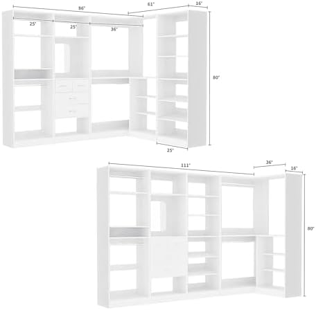 Unikito 110” Closet System with Drawers, 9.3FT Corner Closet Organizer with 4 Hanging Rods, Reversible Large Wood L Shaped Walk in Closets Wardrobe with Shoe Shelves, Max Load 3000LBS, Set of 4, White