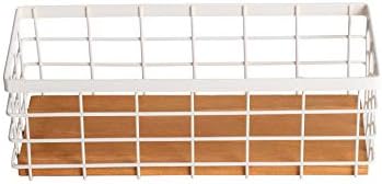TIEYIPIN Small Metal Wire Storage Basket, Detachable Wood Base Storage Organizer Bin Basket for Kitchen Cabinets, Bathroom, Pantry, Garage, Laundry Room (Cream White, 4 Pack)