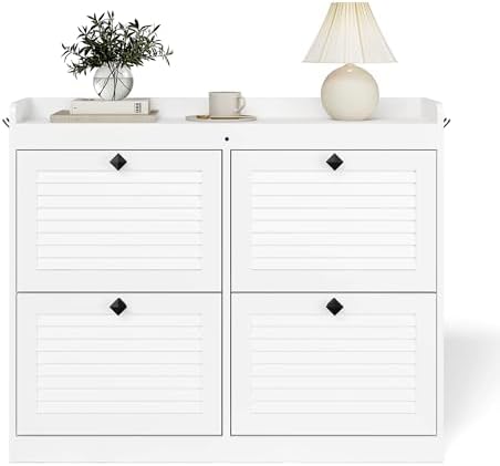 GarveeHome Shoe Storage Cabinet for Entryway, Narrow Shoe Cabinet with 4 Flip Drawers, Shoe Rack Organizer with Adjustable Shelves for Hallway, Bedroom, Living Room, White