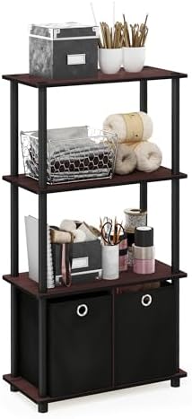 Furinno GO GREEN Storage Shelf Set of 2, 4-Tier Storage Rack with Bins, Book Shelf, Display Rack, with Storage Bins, for Organization and Storage, Living Room, Home Office, Dark Cherry