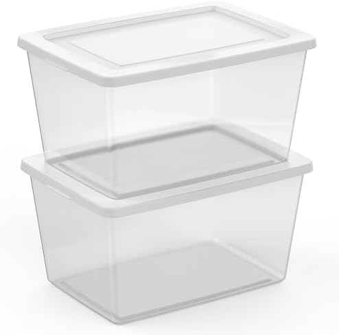 Sterilite Clear Storage Box Stackable Tote, 58 Quart, 6-Pack | Clear Plastic Container with Secure Snapping Lids for Home and Office Organization, White