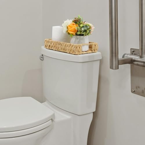 Water Hyacinth Bathroom Vanity Tray with Handle, 11 Inch | Toilet Tank Basket, Bathroom Counter Organizer, Small Wicker Tray, Toiletry Storage, Woven Decor