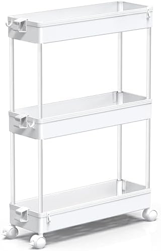 SPACEKEEPER Slim Rolling Storage Cart, 3 Tier Bathroom Cart Organizer,White | Narrow Rolling Cart with Wheels for Kitchen Office Bathroom Laundry Room,Mobile Utility Cart for Craft Art Makeup Nail Polish