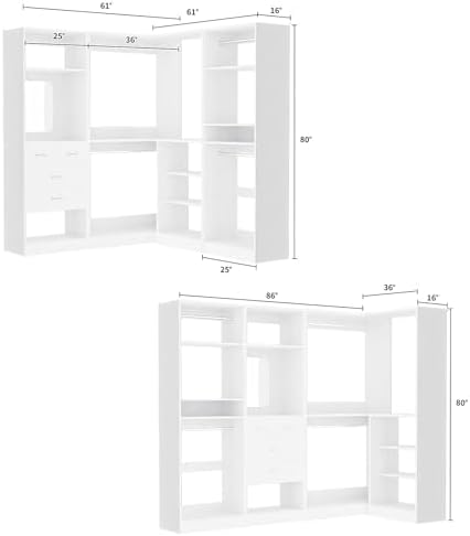 Unikito 86” Closet System, Large Corner Closets Organizer with Hanging Rods and Mirror Design, Freestanding Adjustable Wood Clothes Garment Rack with Drawers, Sturdy Walk in Closet Tower, White