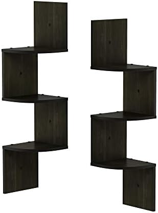 Furinno Rossi Set of 2 3-Tier Corner Floating Shelves for Wall, Espresso | Zigzag Wall Shelf, Radial Mounted Floating Book Shelf, for Bathroom, Bedroom, Living Room