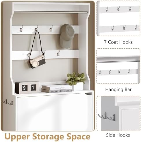 Wodeer Tall Shoe Cabinet with Coat Rack, Hidden Shoe Storage Cabinet with Doors & Drawer, Hanging Bar & Hooks, Slim Narrow Freestanding Shoe Rack Organizer for Entryway, Hallway & Living Room, White