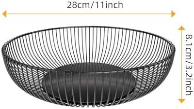 Simple Trending Round Metal Fruit Basket Bowl for Kitchen Counter - Rust-Proof, Non-Slip & Breathable Wire Organizer for Fruits, Veggies, Snacks, Black (11“ Diameter x 3.2” H)