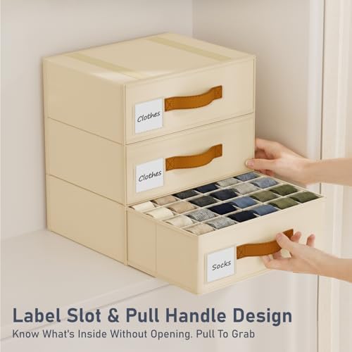 DIMJ Underwear Organizer for Closet 1 Pack, 24 Cell Sock Drawer Organizer Divider, Stackable Closet Storage Drawers, Fabric Organizer for Socks, Panties, Bra, Belt, Ties, Baby clothes, Scarf, Beige