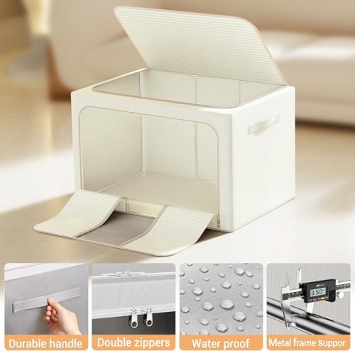 Clothes Storage Bins with Metal Frame, Foldable Clothes Organizers Storage Containers for Clothes, Sheets, Blankets, Pillows and Towels (66L, 3 Pack) Beige
