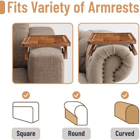 BAMBOO LAND- Couch Arm Tray, Wooden Folding Couch Armrest Table, Rectangular Clip-On Sofa Arm Tray with 360° Rotating Phone Holder