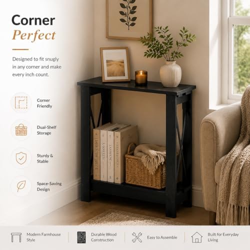 Narrow Side Table, 6.6 Inch Ultra Narrow End Table for Small Spaces, 2-Tier Wood Accent Table with Metal X-Frame, Space-Saving Gap Organizer for Living Room, 22.4" L x 6.6" W, Black
