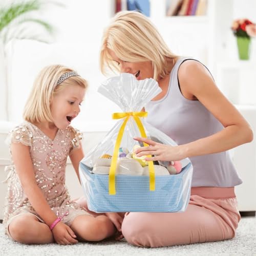 OIAHOMY Woven Basket, Gift Basket Empty with Gift Bags and Ribbons, Rope Baskets for Baby Showers, Storage Baskets with Handles for Nursery, Pet Toy Organizer - Blue