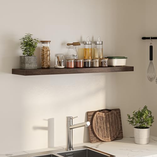 FLYJOE Floating Shelves for Wall, 48" W x 9.3" D x 1.5" H, Wooden Wall Mounted Display Shelves with Invisible Brackets for Living Room, Bedroom, Bathroom, Kitchen Decor and Storage, Set of 1, Walnut