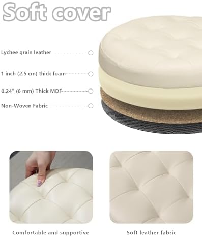 Bsketa Round Storage Ottoman, 14" Folding Leather Foot Rest Stool, Beige | Round Leather Poufs with Thicker Foam Padded Seat, Living Room, Bedroom, Dorm, Entryway, Easy to install,14 x 14 x 13in