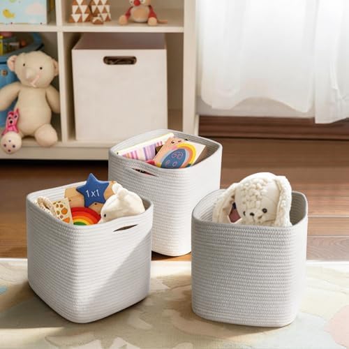 11x11x11 Cube Storage Bin - 3 Pack Woven Storage Cubes Organizer, 11 Inch White Cotton Rope Baskets for Organizing, Square Baskets for Shelves, Nursery Closet Bins, Cubby Toy Box Organizer