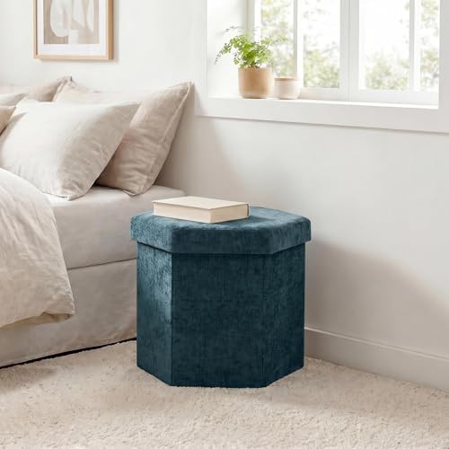 PINPLUS Chenille Hexagon Storage Ottoman, Foldable Upholstered Footstool with Lid, Soft Durable Seat Stool, 220LBS Capacity for Living Room Bedroom Entryway Blue