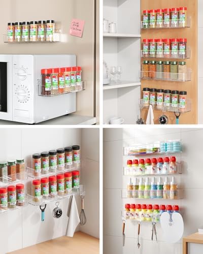 Nieifi Spice Rack Wall Mount, 4 Pack Clear, 2" Depth, Screw/Adhesive | Wall-Mounted with Removable Hooks Saves Counter Space, Fits 2" Deep Jars, Ideal for Kitchen Cabinets, Pantry Doors, and RVs