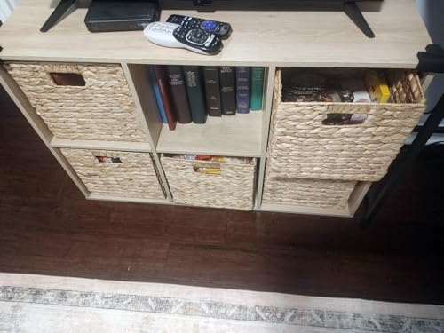 5Pack Woven Shelf Baskets, 10.5'' Water Hyacinth Handmade Open Storage Bins, Light Brown Pantry Baskets Organization Basket Foldable Storage Bins for Bedroom, Cubby Cubes Wicker Basket with Handles