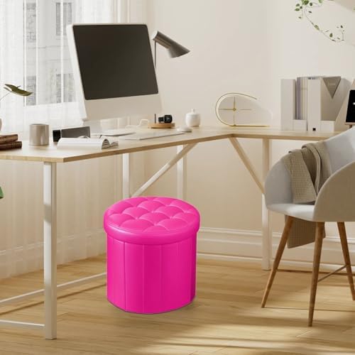 Bsketa Round Storage Ottoman, 14" Folding Leather Foot Stool Rest,Rose Red | Round Leather Poufs with Thicker Foam Padded Seat, Living Room, Bedroom, Dorm, Entryway, Easy to install,14 x 14 x 13in