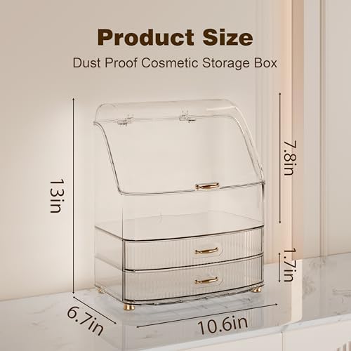 Makeup Organizer Countertop Vanity with Transparent Lid Drawers Waterproof Dustproof Cosmetic Skincare Bathroom Storage Gift for Women Teens Girls (Clear Whtie)
