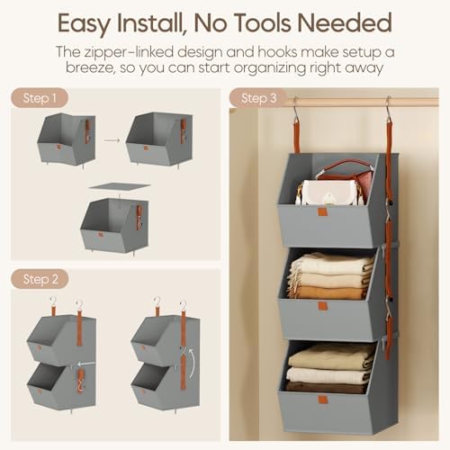 Homsorout Collapsible Hanging Closet Organizer - 6 Tier Closet Shelves Storage System with Hooks, Fabric Hanging Storage Bins for Clothes, Foldable Storage Basket for Laundry, Bedroom, Rv, Grey