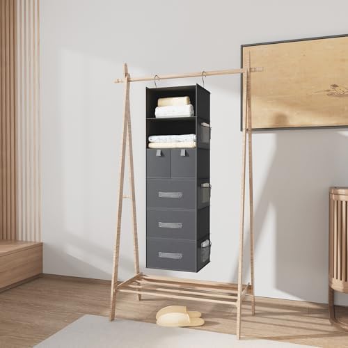 6-Shelf Hanging Closet Organizer with 5 Drawers, Non-Woven, Dark Gray | Spacious compartments sort clothes & undergarments; foldable drawers add hidden storage for closets, wardrobes or RVs.
