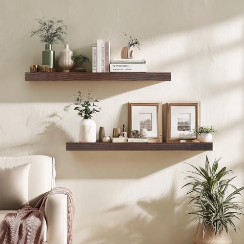 30x6.8x1.7in Solid Wood Floating Wall Shelf Set of 2 Walnut Finish