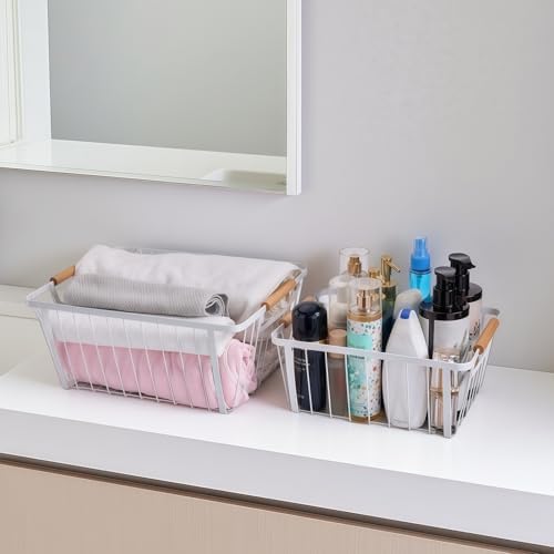 LeleCAT White wire baskets for organizing with Wooden Handle ,Metal Wire Storage Baskets Country Vintage Style Snack Baskets. pantry organizers and storageïŒKitchen,Bedroom,Bathroom,White,Set of 2