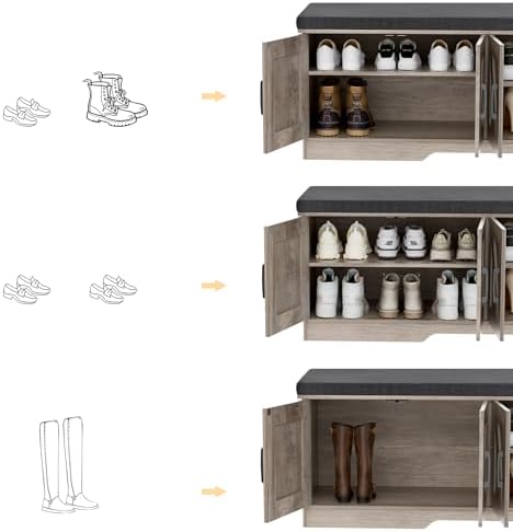 HOMSHO Farmhouse Shoe Storage Bench with 4 Barn Doors & Padded Seat Cushion