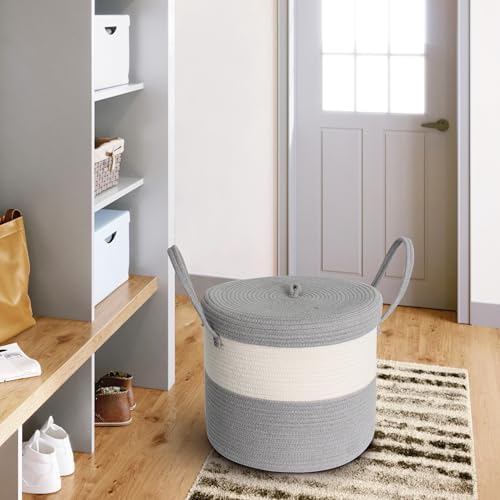 Storage Basket with Lid, Blanket Basket Living Room, Large Woven Cotton Rope Baskets for Storage, Kids Toy Storage Bin, Wicker Laundry Basket, Blankets Pillows Organizer Holder,15"x13", Gray
