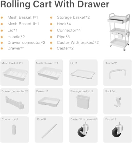 Sorgion 3 Tier Rolling Cart Organizer,Laundry Room Bathroom Organizers and Storage Office Shelves Mobile Shelving Unit Kitchen Trolley Cart with Wheels for Art,Craft,Diaper,Bedside,Snack(White)