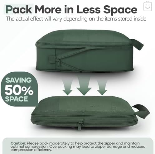 Veken 11 Set Compression Packing Cubes Garment Bags for Travel Essentials,Compressible Expandable Luggage Organizer Bags for Clothing,Space Saver Bags with Over 1000 pcs of Mesh Holes(Dark Green)