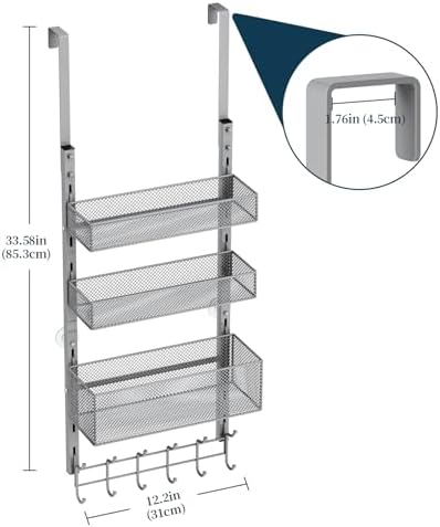 Consumest Over The Door Hooks Organizer - 4 Tier Door Coat Rack with 3 Baskets & 12 Hooks, Stainless Steel Towel Hanger for Bedroom, Bathroom, Living Room, Silver