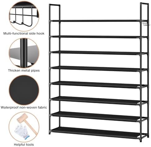 OYREL 8 Tier Shoe Organizer, 33.3in Wide x 11.2in Deep x 55.7in Tall, Black Metal and Plastic Shoe Rack, Holds up to 32-40 Pairs of Shoes