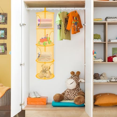 2Pcs Hanging Stuffed Animal Storage Hammock 4 Tiers, Yellow