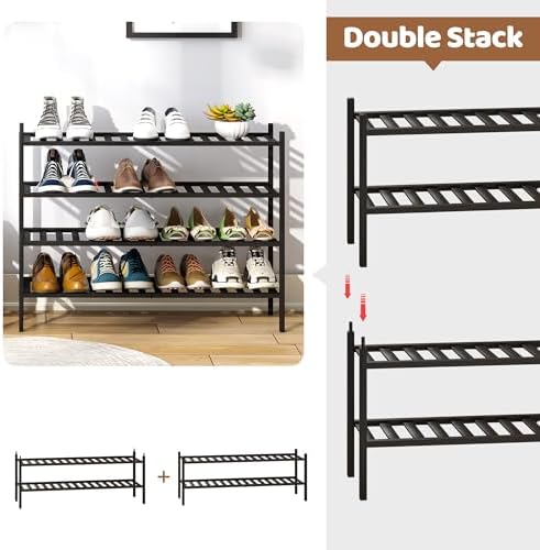Bamboo Shoe Rack Stackable Shoe Shelf Storage Organizer for Unit Entryway Hallway and Closet Sturdy Freestanding Shoe Shelf (4L Tier Black)