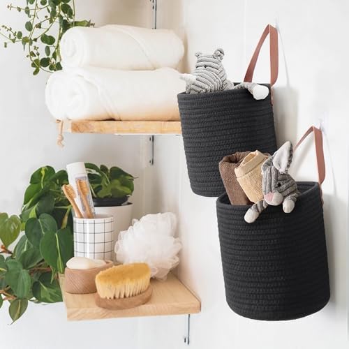MEGASKET 2 Pack Hanging Basket, Small Wall Baskets for Organizing, Wicker Boho Wall Decor Set, Indoor Hanging Plant Holder, Rattan Woven Storage Bin for Home Decor, Farmhouse Storage Box, Black