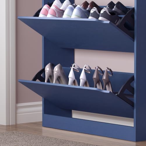 BORNOON Shoe Cabinet with 3 Flip Drawers & Coat Rack, Narrow Hidden Shoe Storage Cabinet, 2-in-1 Hall Tree Slim Freestanding Shoe Rack Organizer for Entryway, Hallway, and Living Room