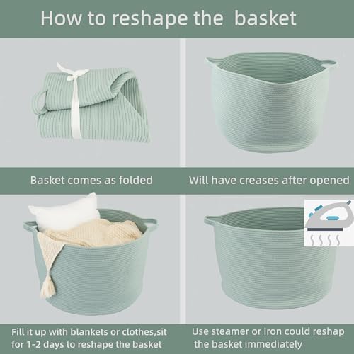 XUANGUO Extra Large Cotton Rope Round Storage Basket 22" x 14" Light Green | Woven basket for blankets, toys, towels, laundry, nursery, living room and pet toy storage.
