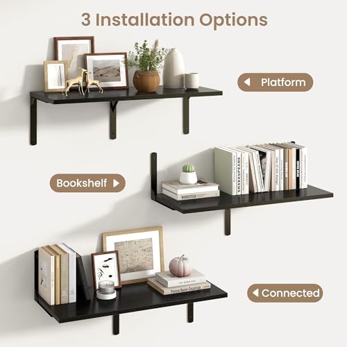Fun Memories Floating Shelves for Wall, 12 Inch Deep Floating Shelves Set of 2, Wall Mounted Shelf with Metal Brackets, Rustic Wood Wide Shelf for Bathroom, Kitchen and Living Room, Black, 32W x 12D
