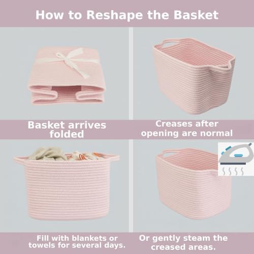 XUANGUO Woven Cotton Rope Storage Basket with Handles 13x10x9 inch Pink