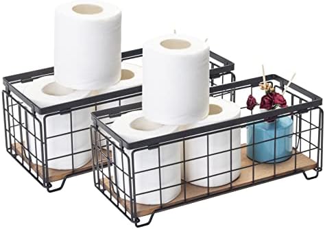 TIEYIPIN Metal Wire Storage Basket, Toilet Paper Roll Holder Wood Base Countertop Decor Box Toilet Tank Shelf Cabinet Organizer for Bathroom Pantry Garage Bedroom Livingroom (Black (2 Pack))