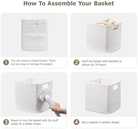 UBBCARE Set of 4 Cotton Rope Basket 12 X 12 X 12 Inches, Woven Storage Baskets for Shelves, Organizing with Handles, Cube Storage Bins for Storage Books, Magazines, White