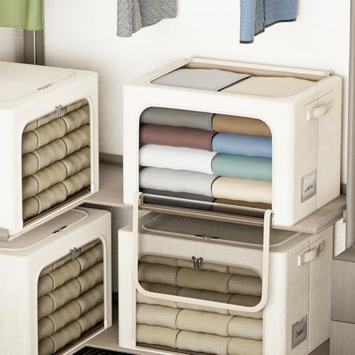 4 Pack Clothes Storage Bins with Metal Frame - 100L Stackable Storage Box with Lid,Foldable Storage Container Organizer for Clothes,Linen Fabric Storage Box with Clear Window&Zippers&Handles