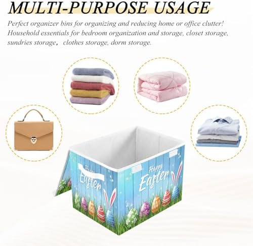 senya Easter Baskets Collapsible Storage Bins with Lids, Happy Easter Bunny Eggs Storage Boxes Clothes Baskets for Organizing