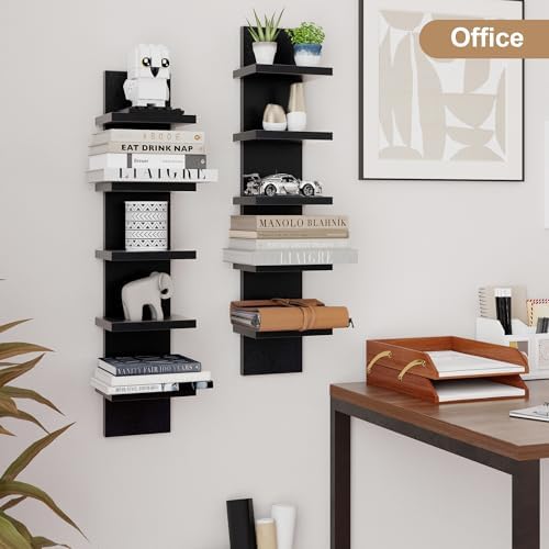 Fun Memories 5 Tier Wall Shelf Unit, Black Floating Shelves for Storage - Vertical Column Tower Design, Lack Wall Shelf Space Saving Organizer for Bedroom, Living Room, Home Decor, 2Pack
